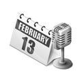 World radio day calendar with 13 february and retro microphone isometric